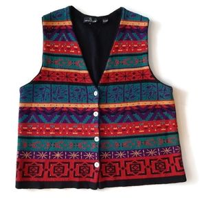 Carole Little vtg 90s beaded colorful tribal print knit sweater vest. Sz 1X